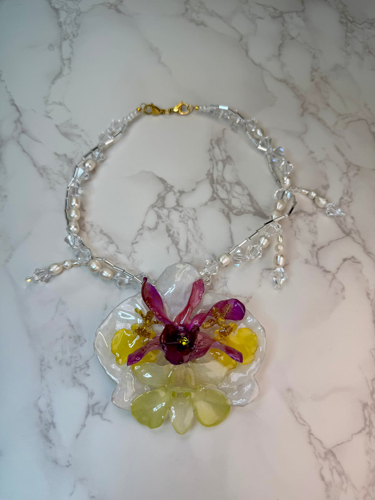 Violeta Real Preserved Orchids & Plumeria Necklace| Handmade Botanical Jewelry | Floral Art