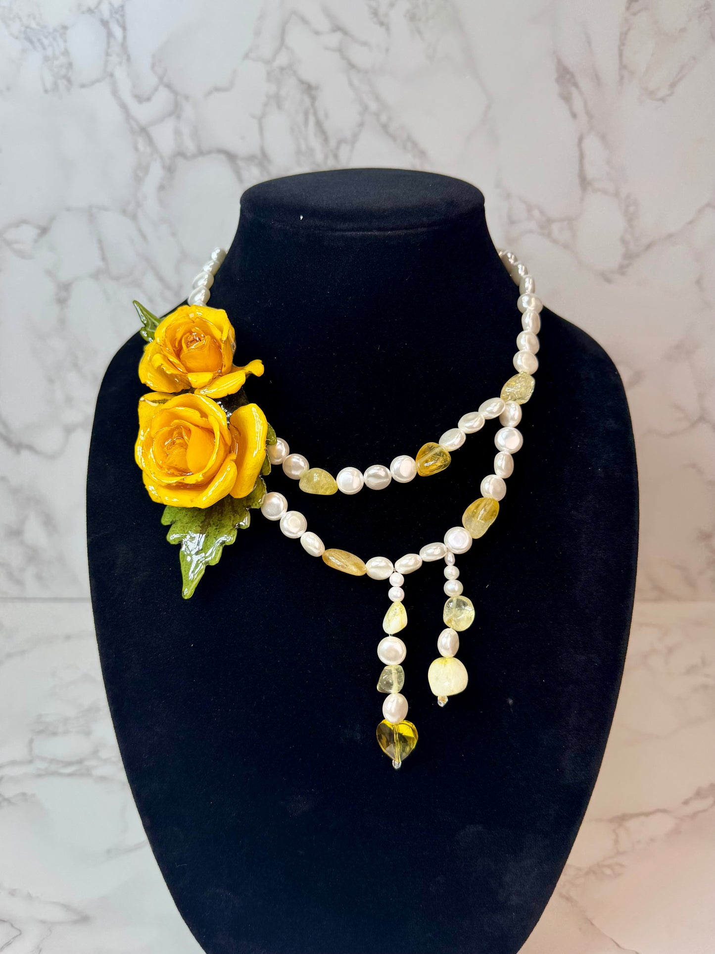 Lucia Eternal Rose – Real Yellow Rose in UV Resin & Nacar Pearl Necklace | Handmade Floral Jewelry | Made in USA