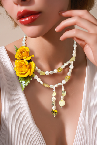 Lucia Eternal Rose – Real Yellow Rose in UV Resin & Nacar Pearl Necklace | Handmade Floral Jewelry | Made in USA