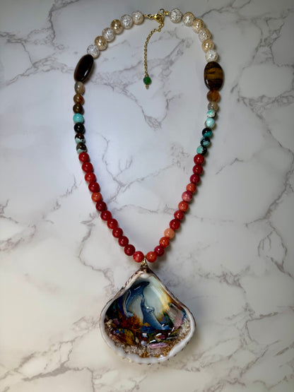 Beautiful Dolphin Couple Necklace Handmade Dolphin Necklace Over Painted Ocean Sunset Encapsulated in Real Shell with UV Resin on Leather Cord