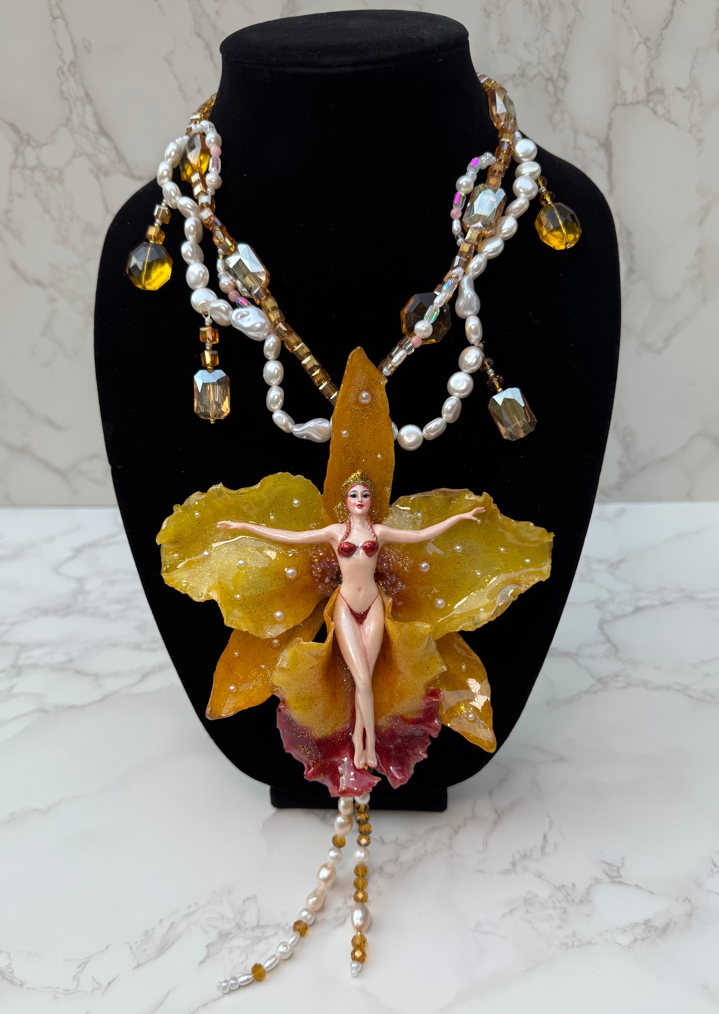 Seraphine – LIMITED EDITION – NYFW EXHIBITION PIECE Handmade Real Yellow Cattleya Orchid Necklace with Hand-Carved Female Figure, Amber Crystals and Mother-of-Pearl Beads Necklace