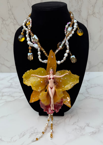 Seraphine – LIMITED EDITION – NYFW EXHIBITION PIECE Handmade Real Yellow Cattleya Orchid Necklace with Hand-Carved Female Figure, Amber Crystals and Mother-of-Pearl Beads Necklace