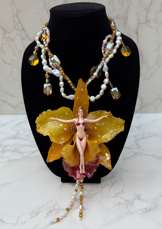 Seraphine – LIMITED EDITION – NYFW EXHIBITION PIECE Handmade Real Yellow Cattleya Orchid Necklace with Hand-Carved Female Figure, Amber Crystals and Mother-of-Pearl Beads Necklace