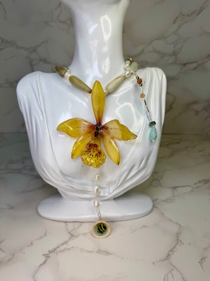 Golden Ember Orchid Natural Flower Preserved in Resin Yellow real exotic hybrid cattleya orchid with vibrant red spots with Stone-pearls Necklace combined with a mini Arrecife Fish in Natural Shell