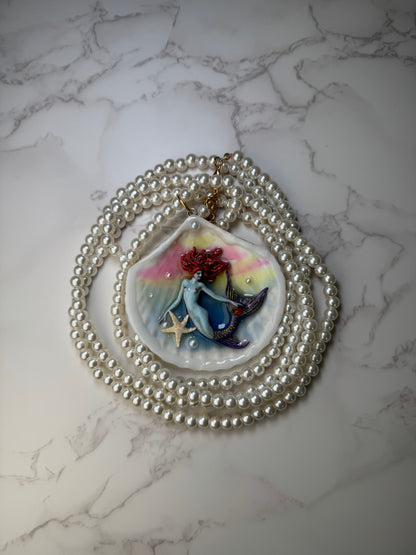 June Red Hair Sea Star Mermaid Sea Shell Necklace – Mermaid in Shell with UV Resin