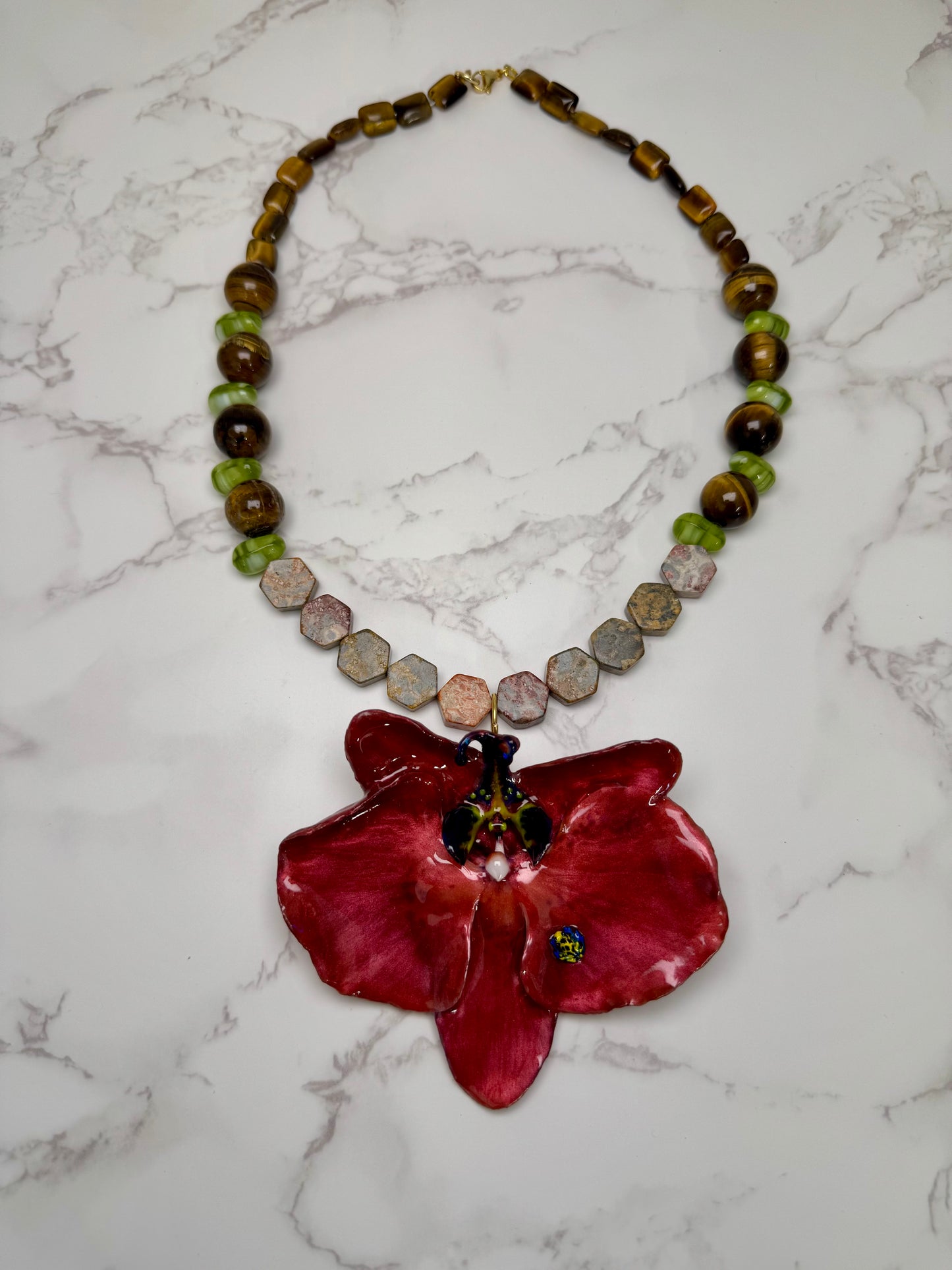 Carmine Orchid with Frog Necklace Live Beauty Captured – Handmade Orchid Jewelry in Resin