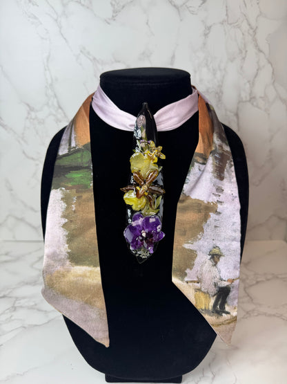 2 Natural green Leaf Preserved in resin with flowers with Beautiful Scarf & leather necklace