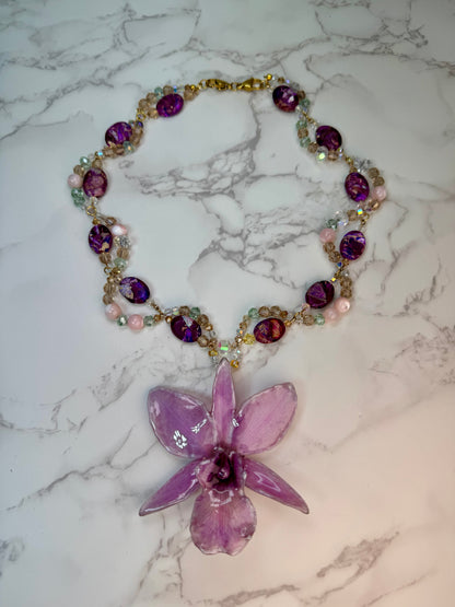 Talia Purple Real Cattleya Orchid Necklace | Handmade Flower Jewelry | Botanical Statement Pendant