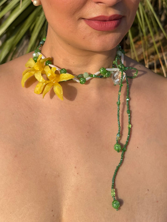 Golden Twin Orchid Grace Two Mini Orchid Orchid Necklace – Green Crystals, Long Pearls, Crystal Heart & Dragonfly on Green Mother-of-Pearl Extension