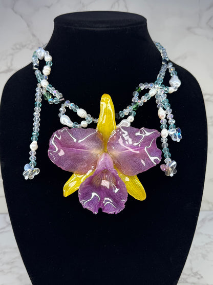 Oceanlight Cattleya Bloom Purple & Yellow Cattleya Orchid Necklace – Clear & Light Blue Crystal Beads