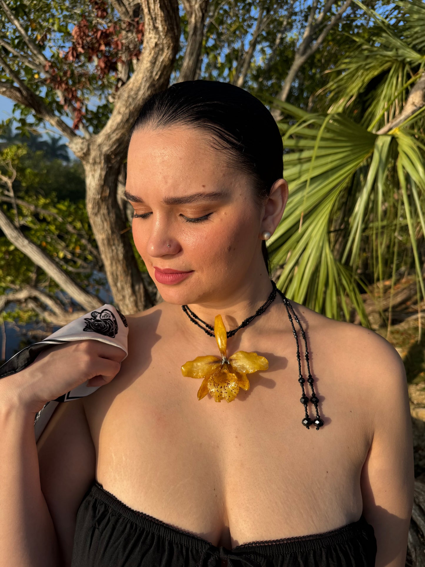 Crimson Spotted Golden Cattleya Mini Yellow Cattleya Orchid Necklace – Long Black Crystal Double Wrap Necklace