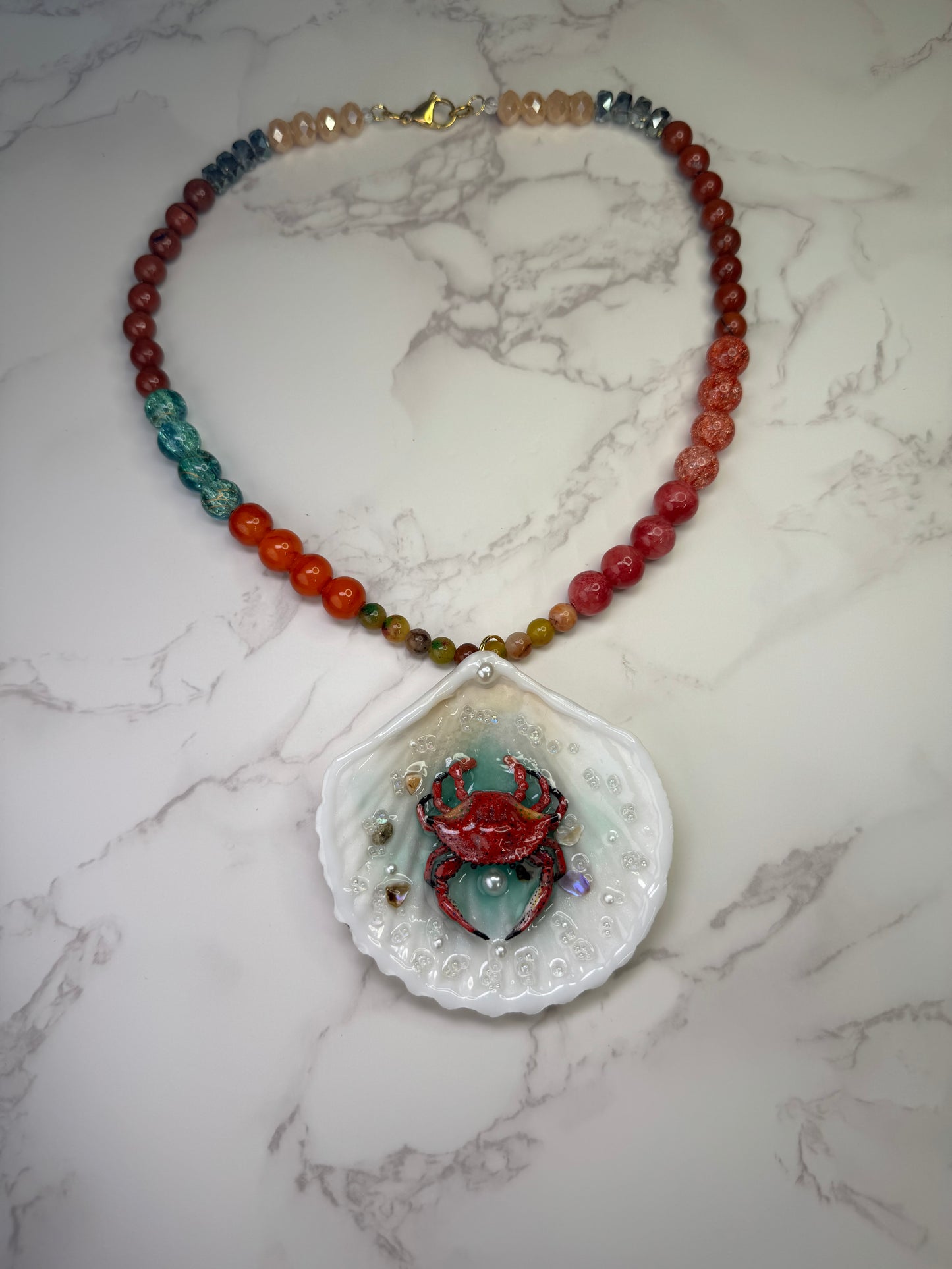 The Red Jaiba  Shell Necklace - Encapsulated in Real Shell with UV Resin