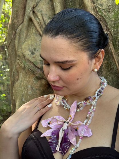 Nyx- LIMITED EDITION – NYFW EXHIBITION PIECE Real Purple and Light Pink Cattleya Orchid Necklace with Hand-Carved Female Figure, with Clear Crystals, Pink Details and Freshwater Pearls