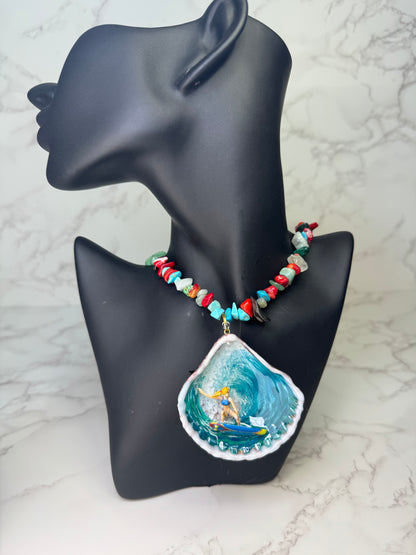 The lone Surfer Shell Necklace - Encapsulated in Real Shell with UV Resin