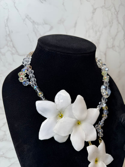 Snow Dream White Clear Flower Crystal Necklace | Handmade Floral Jewelry