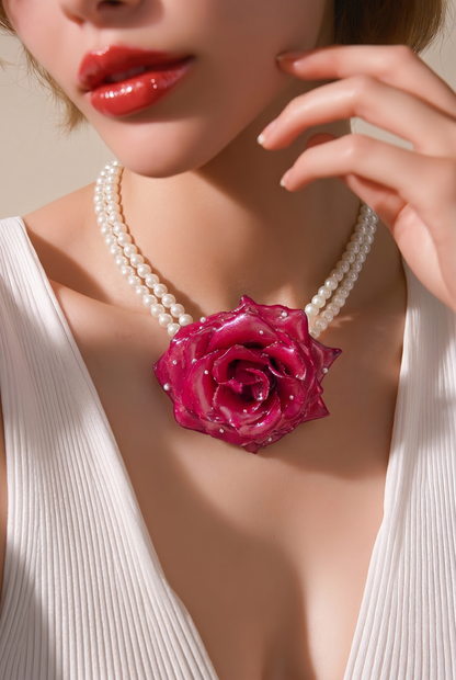 Rose Handmade Real Red Rose Necklace | Preserved Flower Jewelry with Crystal Pearl Beads | Made in USA
