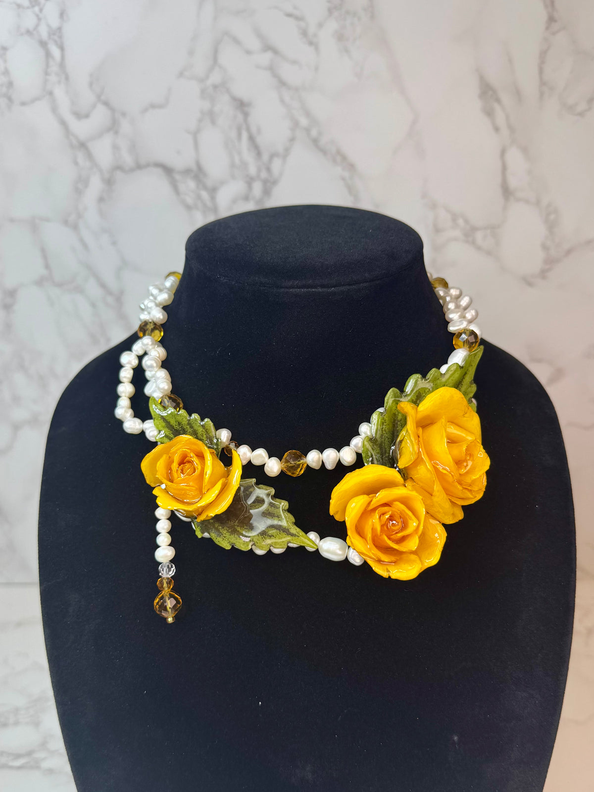 Ana Eternal Rose – Real Yellow Rose in UV Resin & Freshwater Pearl Necklace | Handmade Floral Jewelry | Made in USA