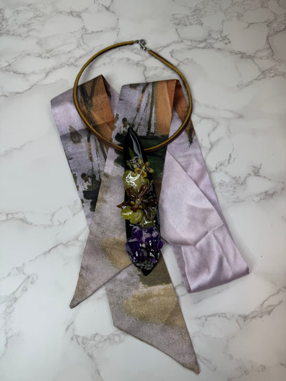 2 Natural green Leaf Preserved in resin with flowers with Beautiful Scarf & leather necklace