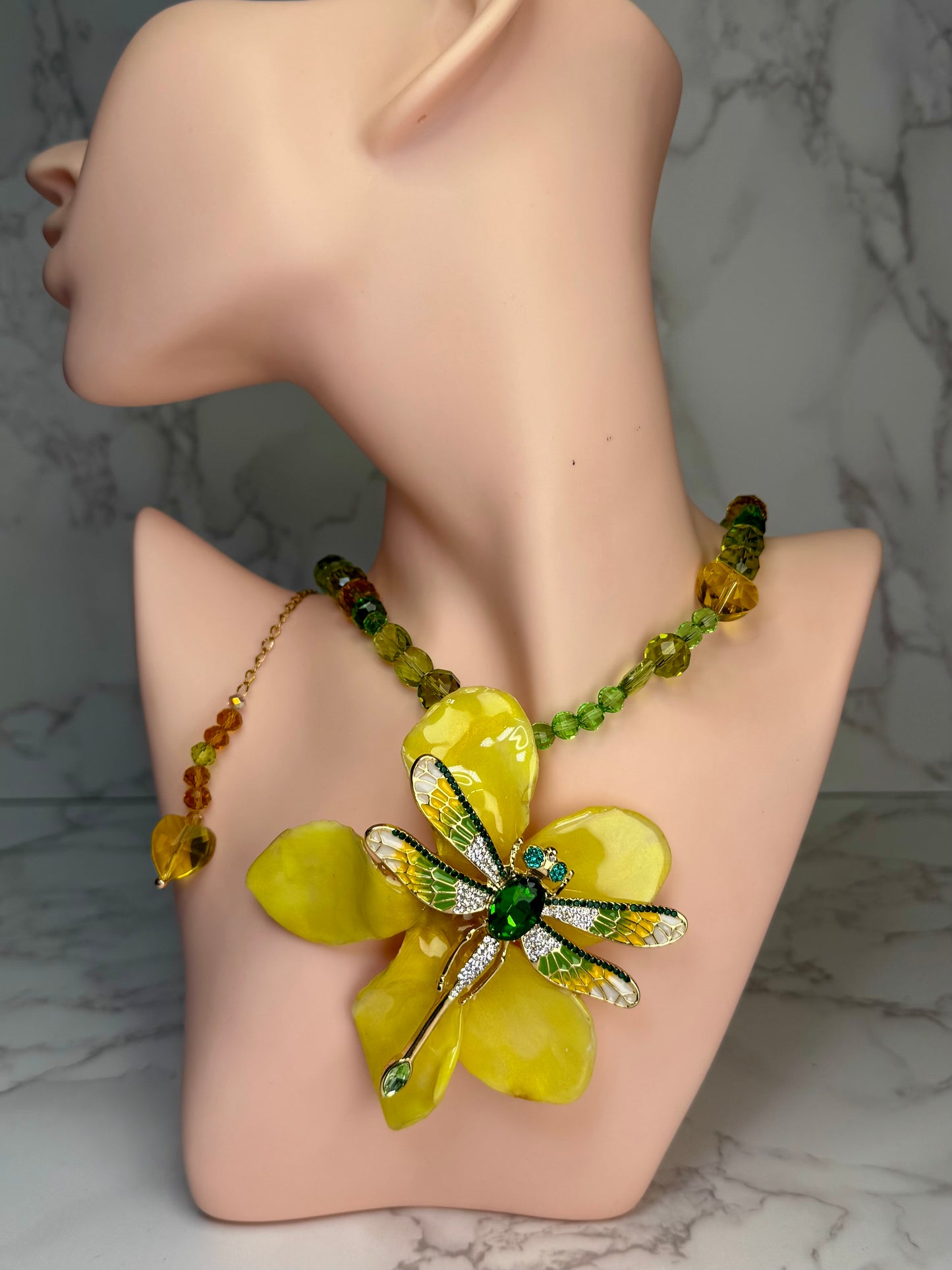 Iris Dragonfly Yellow Plumeria with Dragonfly – Clear Crystal Necklace | Handmade Floral Jewelry