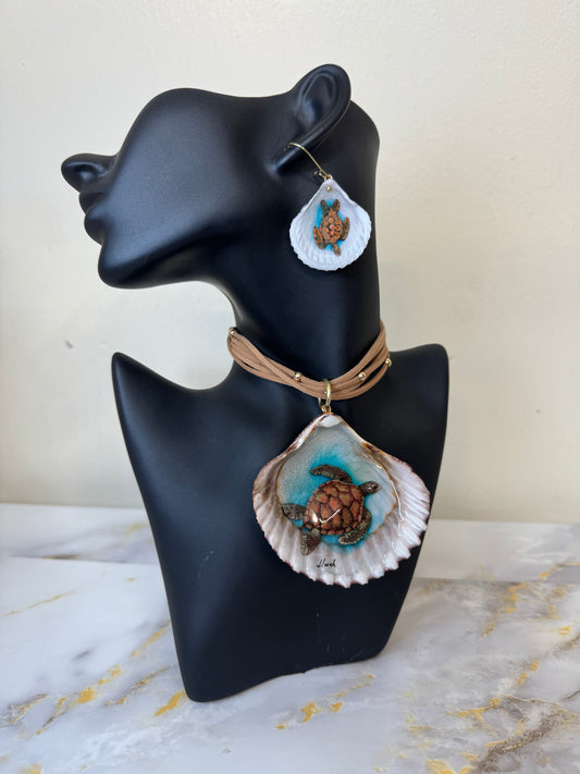 Sea Turtle Resin‑Encased Shell Collection Shell Necklaces Sea Necklaces Epoxy Resin Necklace with Earrings