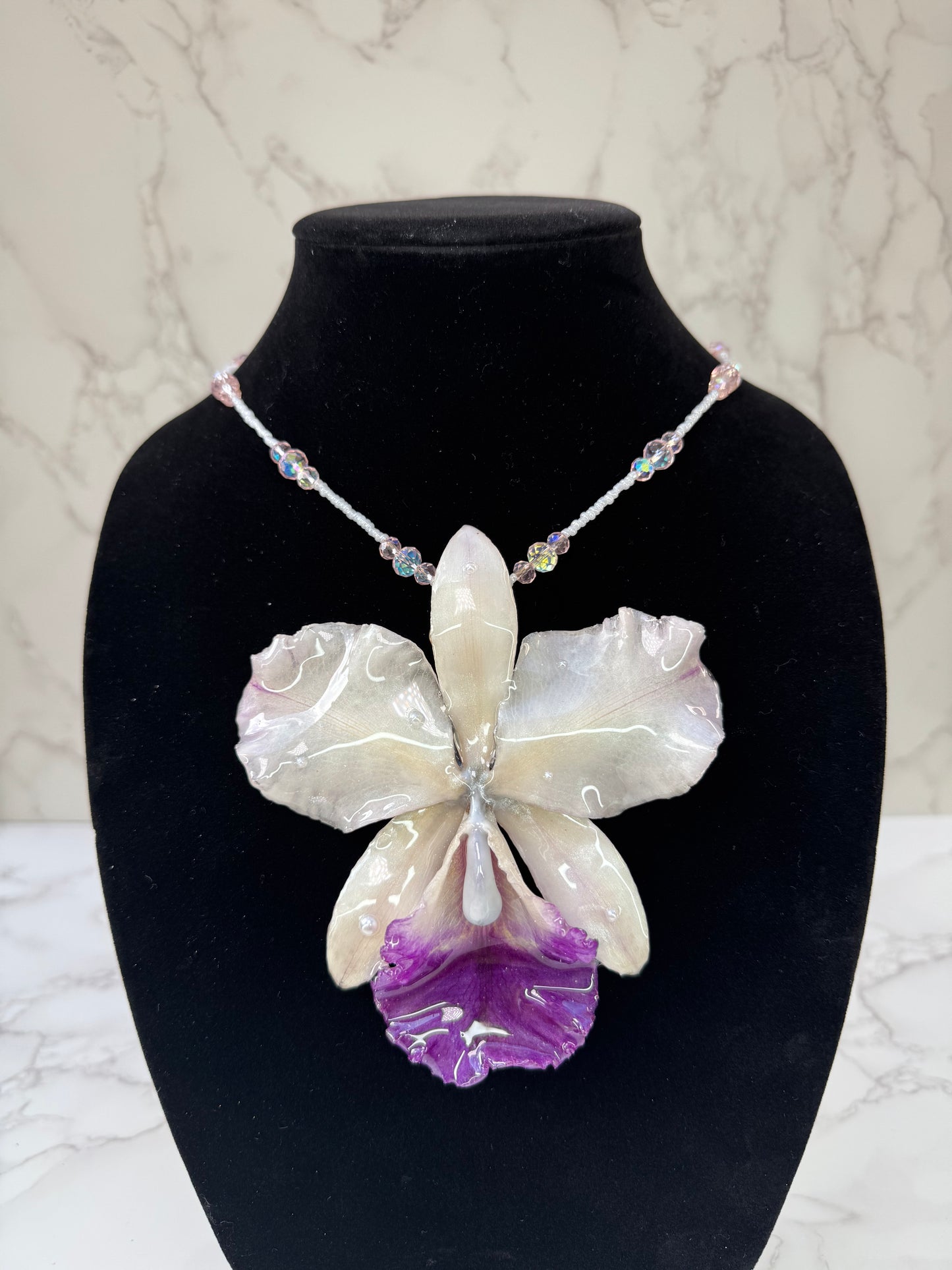 Blush Crystal Cattleya White & Light Purple Cattleya Orchid Necklace – Clear & Pink Crystal Beaded Jewelry
