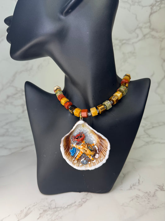 Red and yellow Crab  Crab  Shell Necklace - Encapsulated in Real Shell with UV Resin