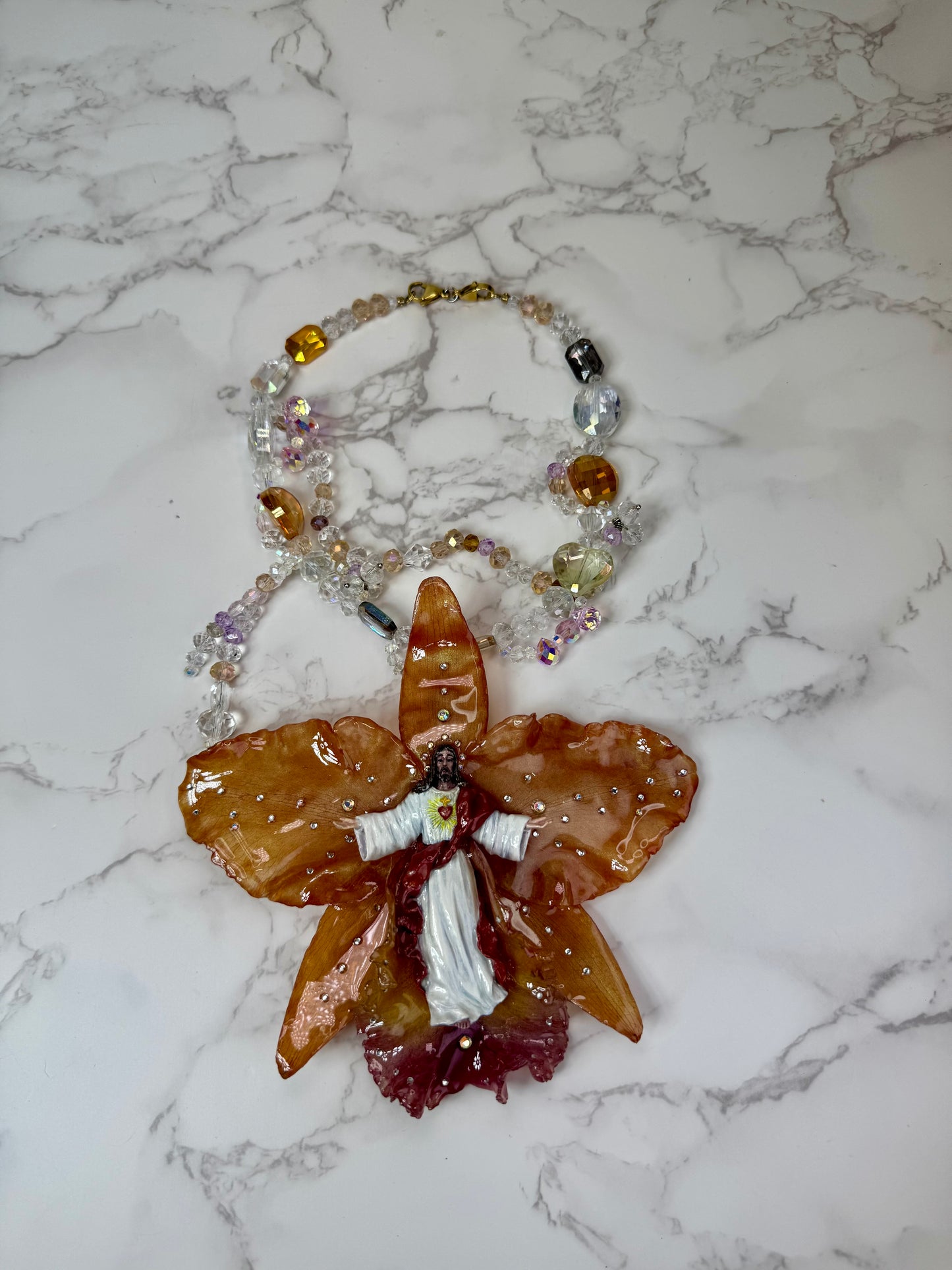 Handmade Jesus Figure Resin UV|Orange Real Cattleya Orchid Necklace