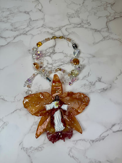 Handmade Jesus Figure Resin UV|Orange Real Cattleya Orchid Necklace