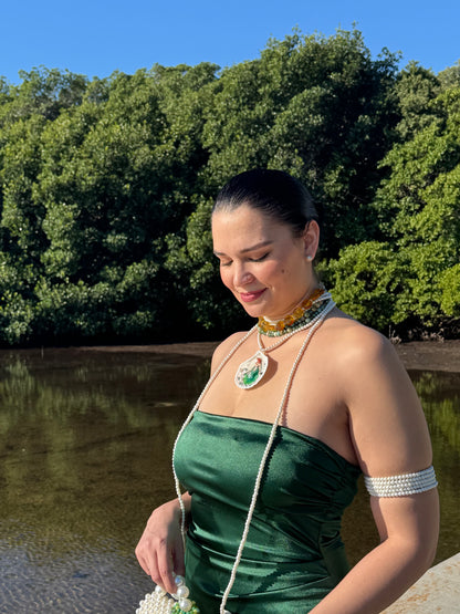 Caelara – LIMITED EDITION – NYFW EXHIBITION PIECE Natural Seashell Art Necklace with Hand-Carved Green Mermaid, Pearl and Crystal Details, Green and Amber Beaded Crystal Necklace