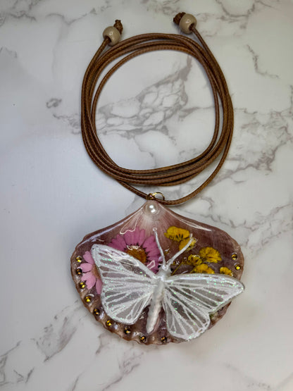 Ala Marina Natural Seashell Synthetic Butterfly Necklace | Handmade Coastal Jewelry | UV Resin Ocean Art