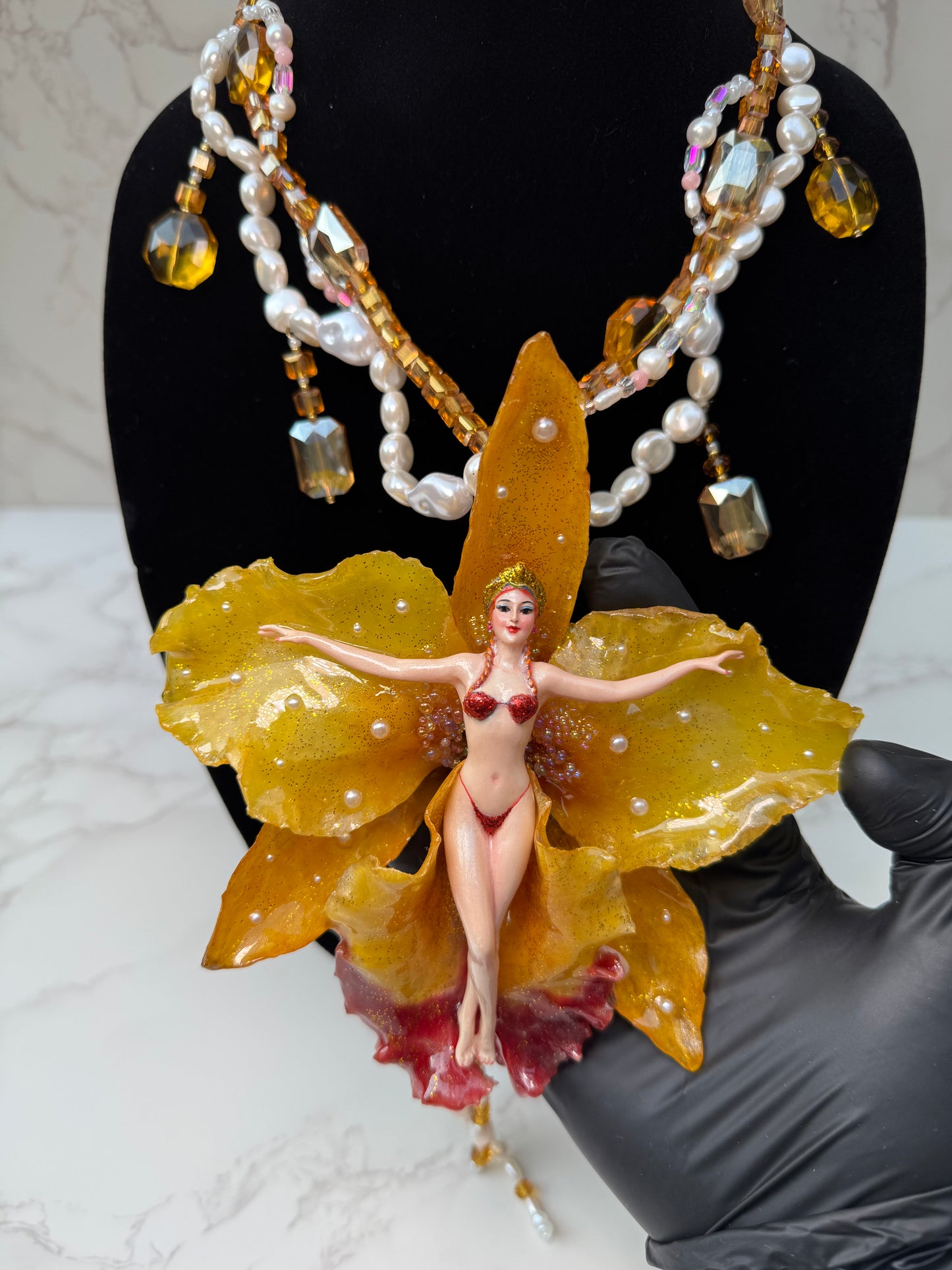 Seraphine – LIMITED EDITION – NYFW EXHIBITION PIECE Handmade Real Yellow Cattleya Orchid Necklace with Hand-Carved Female Figure, Amber Crystals and Mother-of-Pearl Beads Necklace