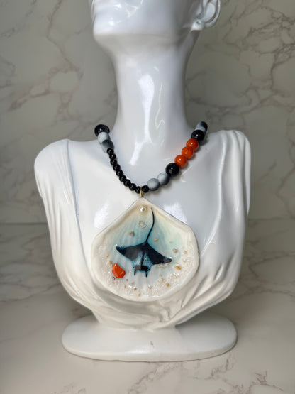 Beautiful Manta Ray Handmade Manta Ray Necklace Encapsulated in Real Shell with UV Resin on Fine Crystal Beads