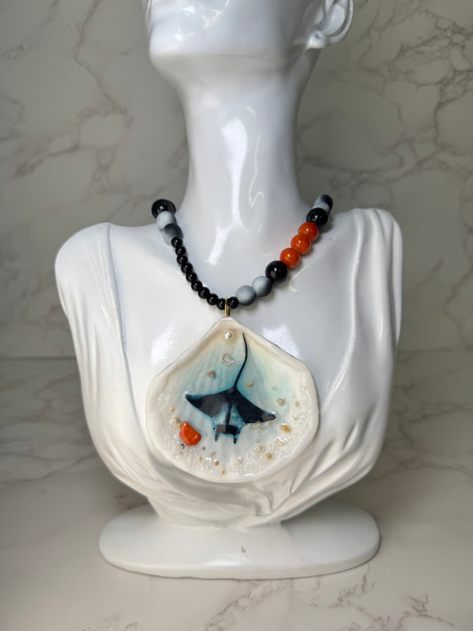 Beautiful Manta Ray Handmade Manta Ray Necklace Encapsulated in Real Shell with UV Resin on Fine Crystal Beads
