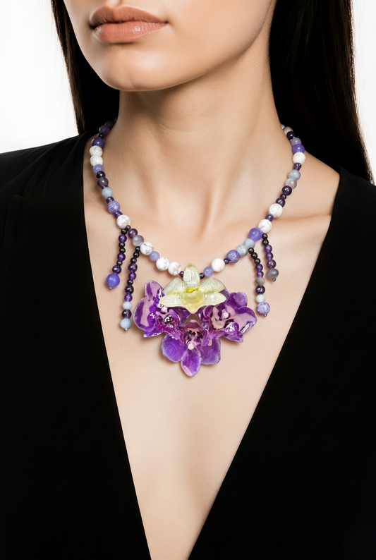 Abril Quadruple Purple Orchid Necklace - Real Orchid Necklace – Natural Flower Preserved in Resin