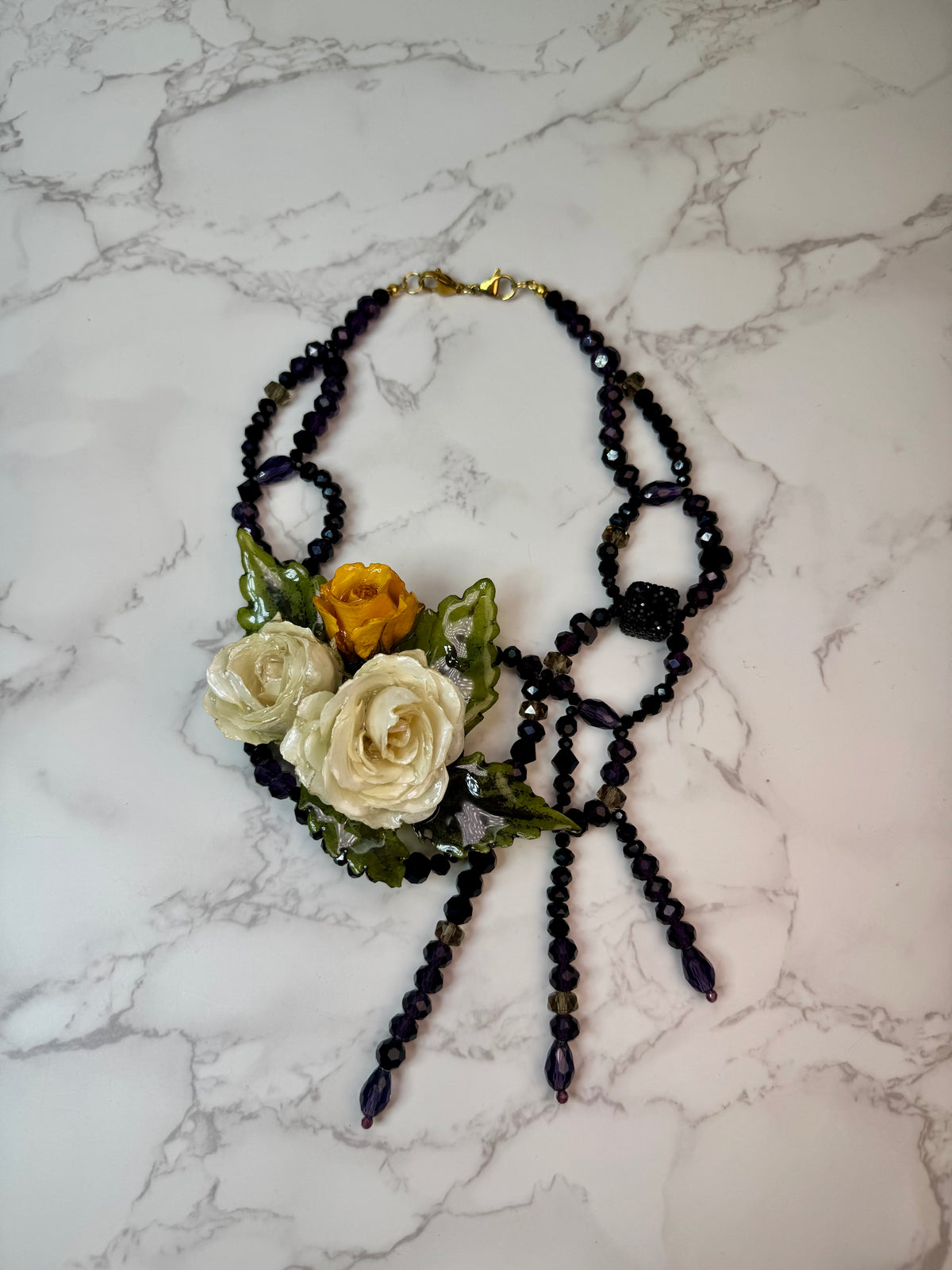 Theresa Eternal Rose – Real Yellow & White Roses in UV Resin & Black crystal Necklace | Handmade Floral Jewelry | Made in USA