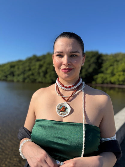 Tyrionis – LIMITED EDITION – NYFW EXHIBITION PIECE Handmade Natural Seashell Necklace with Handcrafted Brown Sea Turtle, Natural Sand, Starfish and Shell Accents, Brown, Red & Crimson Glass Beads and Crystal Pearls