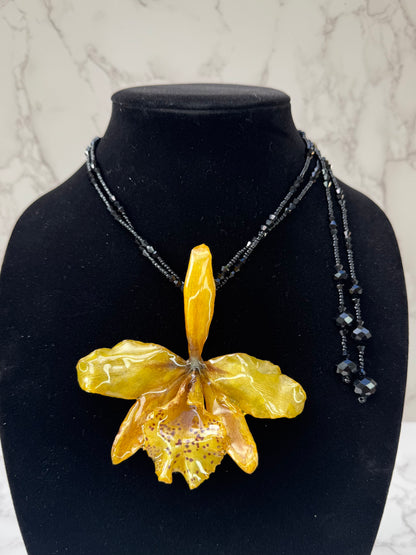 Crimson Spotted Golden Cattleya Mini Yellow Cattleya Orchid Necklace – Long Black Crystal Double Wrap Necklace