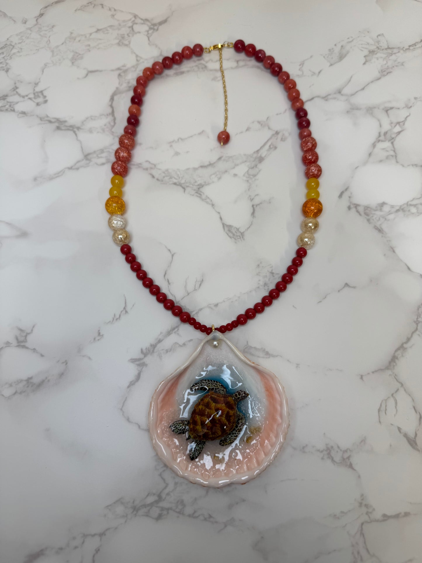 Brown Sea Turtle Resin‑Encased Handmade Sea Turtle Necklace Encapsulated in Real Shell with UV Resin on Fine Colored Crystal Beads