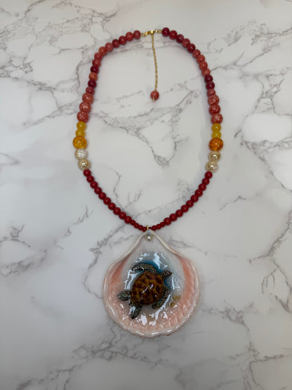 Brown Sea Turtle Resin‑Encased Handmade Sea Turtle Necklace Encapsulated in Real Shell with UV Resin on Fine Colored Crystal Beads