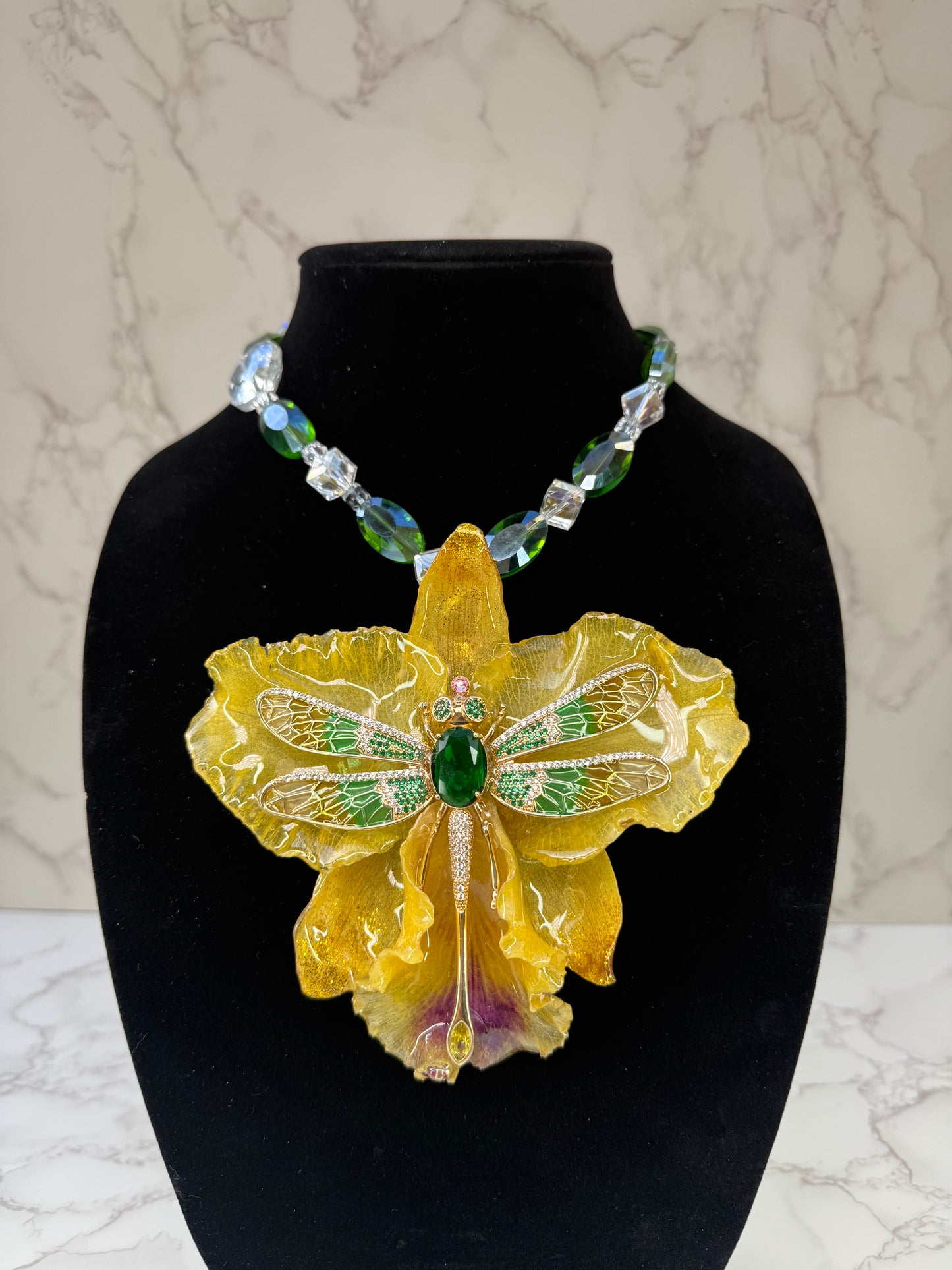 Golden Dragonfly Cataleya Yellow Cattleya Orchid with Dragonfly – Green & Clear Crystal Necklace | Handmade Floral Jewelry