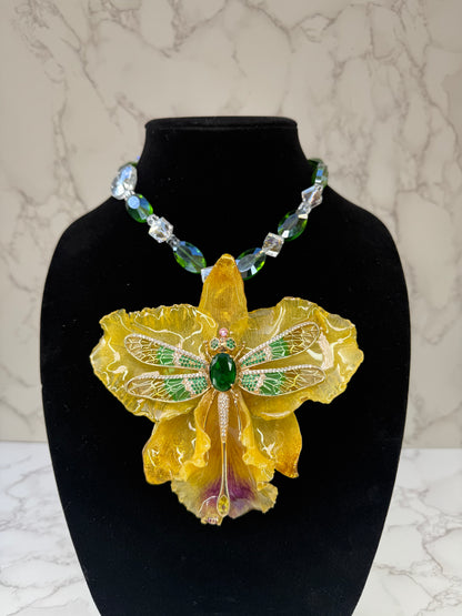 Golden Dragonfly Cataleya Yellow Cattleya Orchid with Dragonfly – Green & Clear Crystal Necklace | Handmade Floral Jewelry