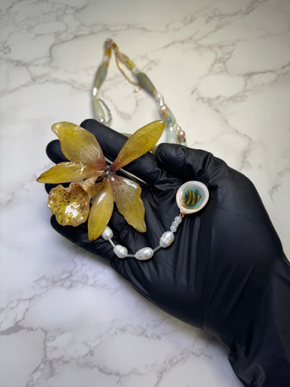 Golden Ember Orchid Natural Flower Preserved in Resin Yellow real exotic hybrid cattleya orchid with vibrant red spots with Stone-pearls Necklace combined with a mini Arrecife Fish in Natural Shell