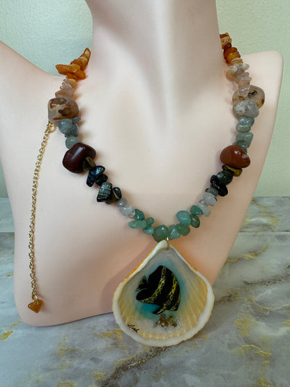 Spadefish With Glass Crystals Necklace Resin‑Encased Shell Collection Shell Necklaces, Epoxy Resin Necklace with earrings