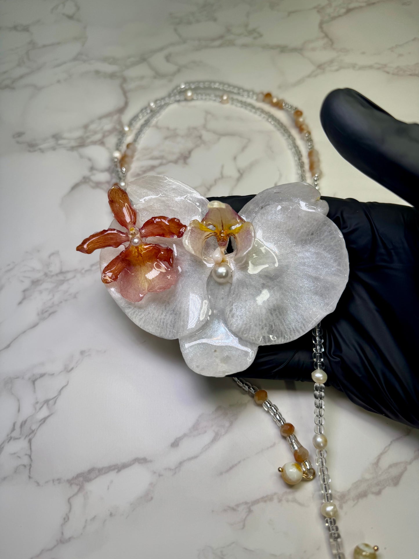 White Orchid & Mini Cattleya Orchid Necklace