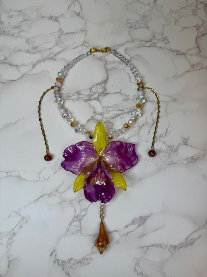 Purple & Yellow Real Cattleya Orchid Necklace | Handmade Flower Jewelry | Botanical Statement Pendant