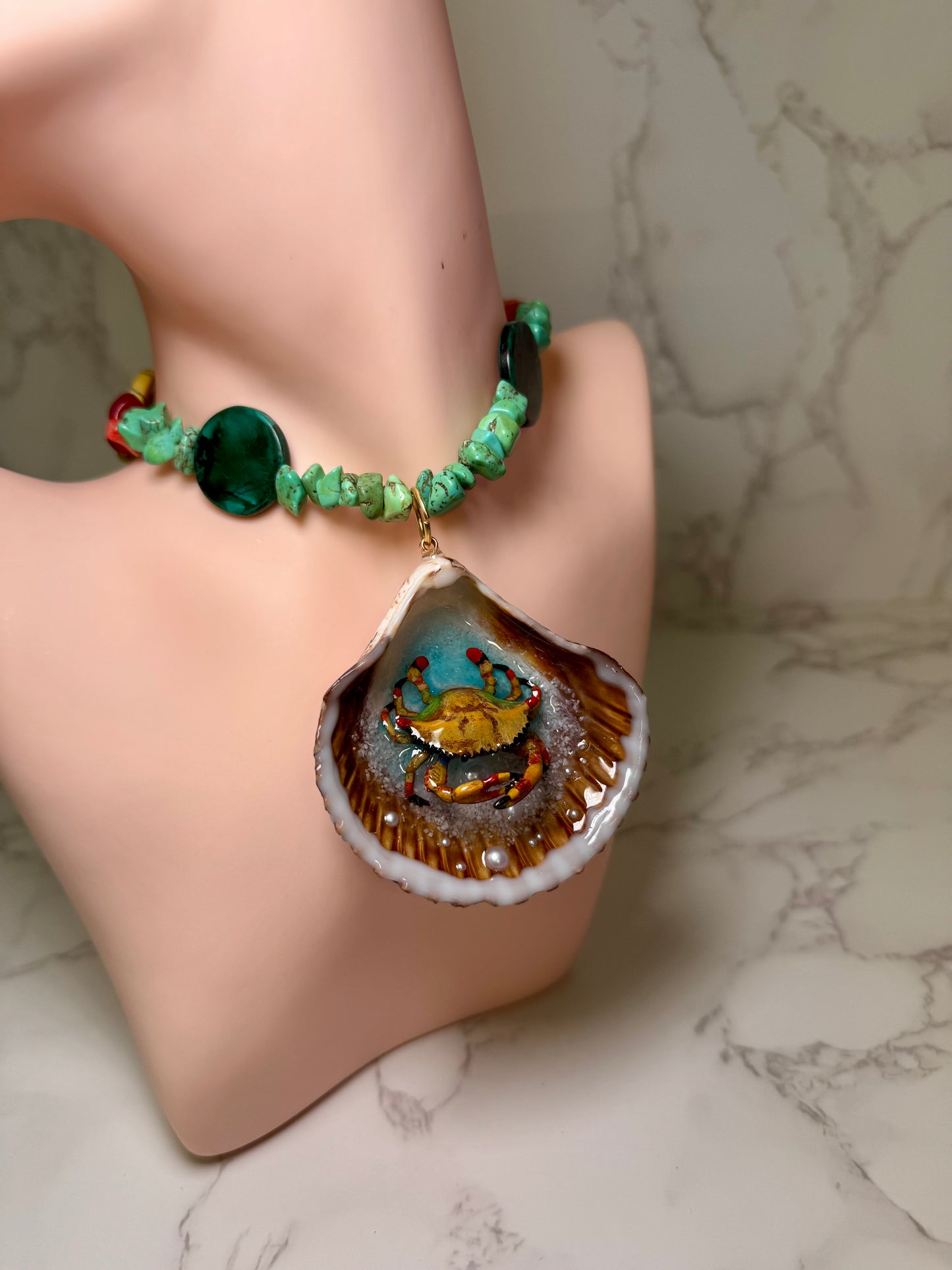 Yellow Crab Handmade Yellow and Orange Crab Necklace Encapsulated in Real Shell with UV Resin on Natural Stone Beads