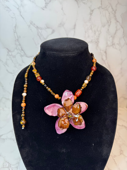 Camellia Real Preserved Orchids & Plumeria Necklace| Handmade Botanical Jewelry | Floral Art