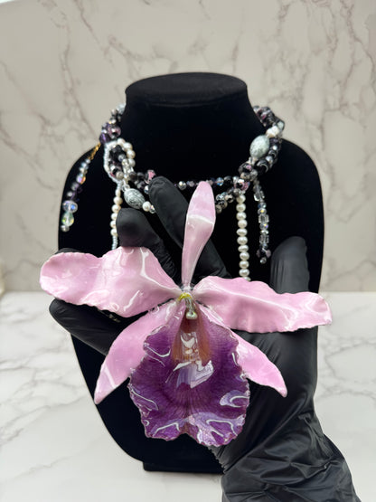 Royal Blush Cattleya Elegance Large Purple Cattleya Orchid Necklace – Iridescent Petals, Freshwater Pearls & Butterfly Accent