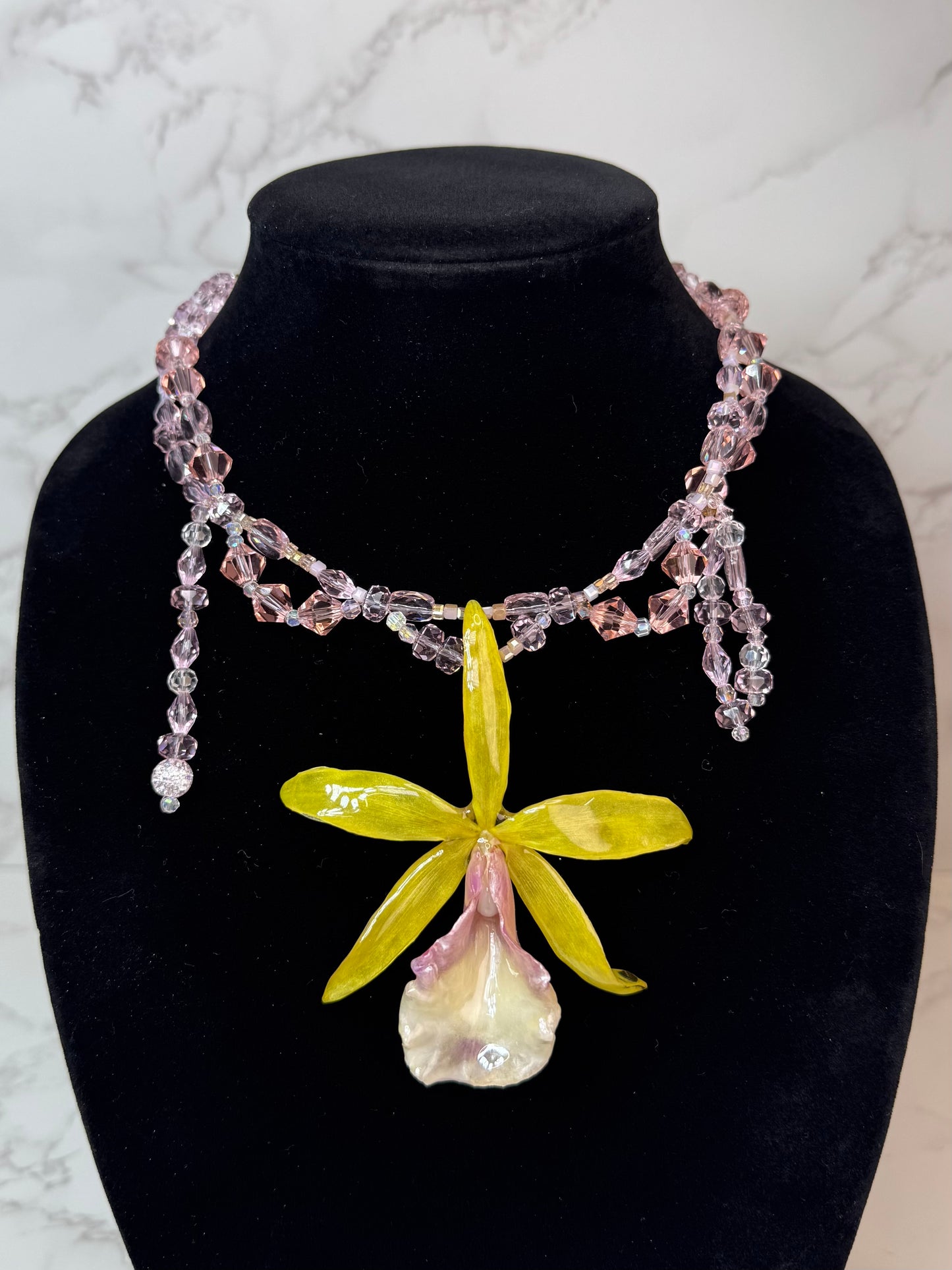 Lili Handmade Real Yellow Orchid Necklace | Black Crystal Bead Jewelry | Resin Flower Pendant | Made in USA