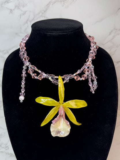 Lili Handmade Real Yellow Orchid Necklace | Black Crystal Bead Jewelry | Resin Flower Pendant | Made in USA